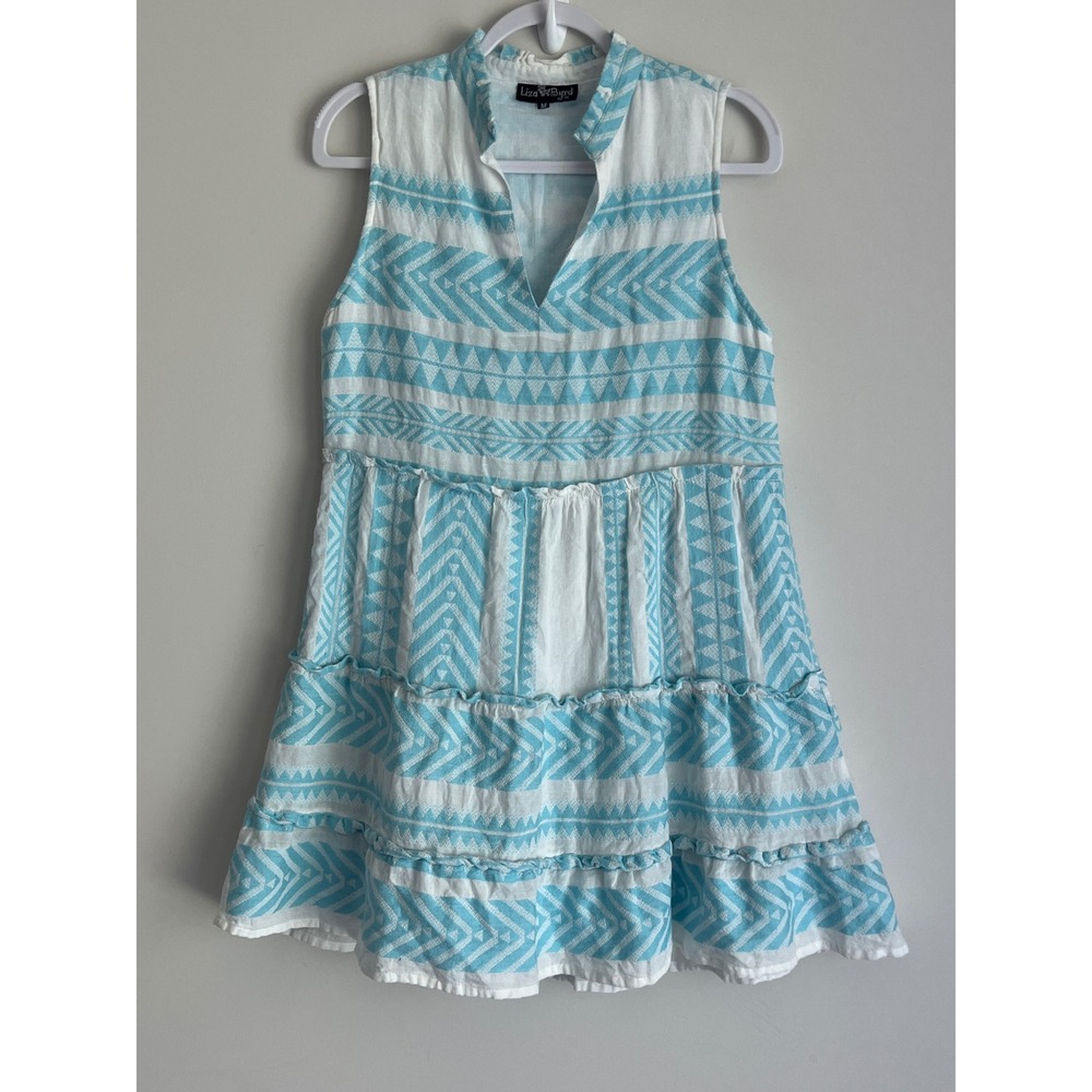 Liza Byrd Women's Blue White Aztec Print Cotton Tiered Sleeveless Mini Dress M